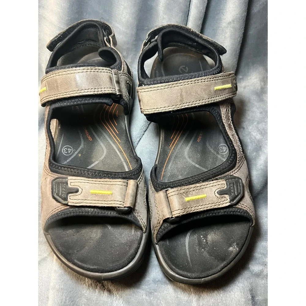 Ecco Mens‎ 43 Gray Leather Sport Sandals Offroad Yucatan Outdoor Hiking Comfort
